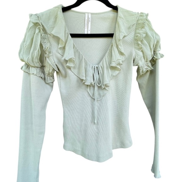 ANTHROPOLOGIE Long-Sleeve Ruffle Top - Green XS - Picture 1 of 9